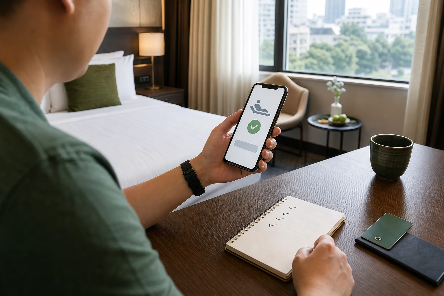 Traveler confirming a hotel massage Hanoi booking from a private room