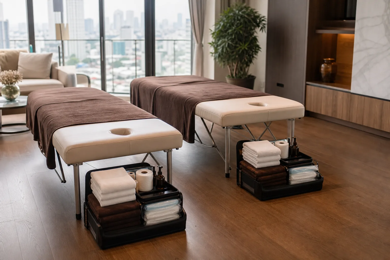 Couples massage at home Ho Chi Minh City clean equipment and fresh towels for two tables