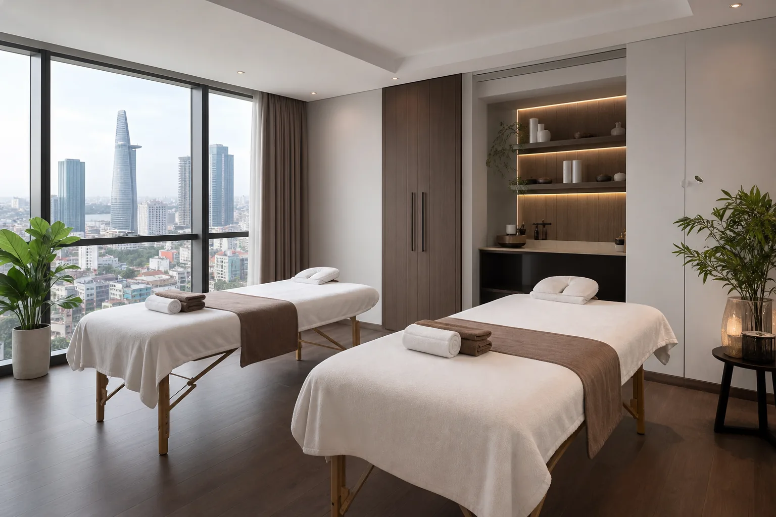 Couples massage at home Ho Chi Minh City setup with two professional tables and clear space