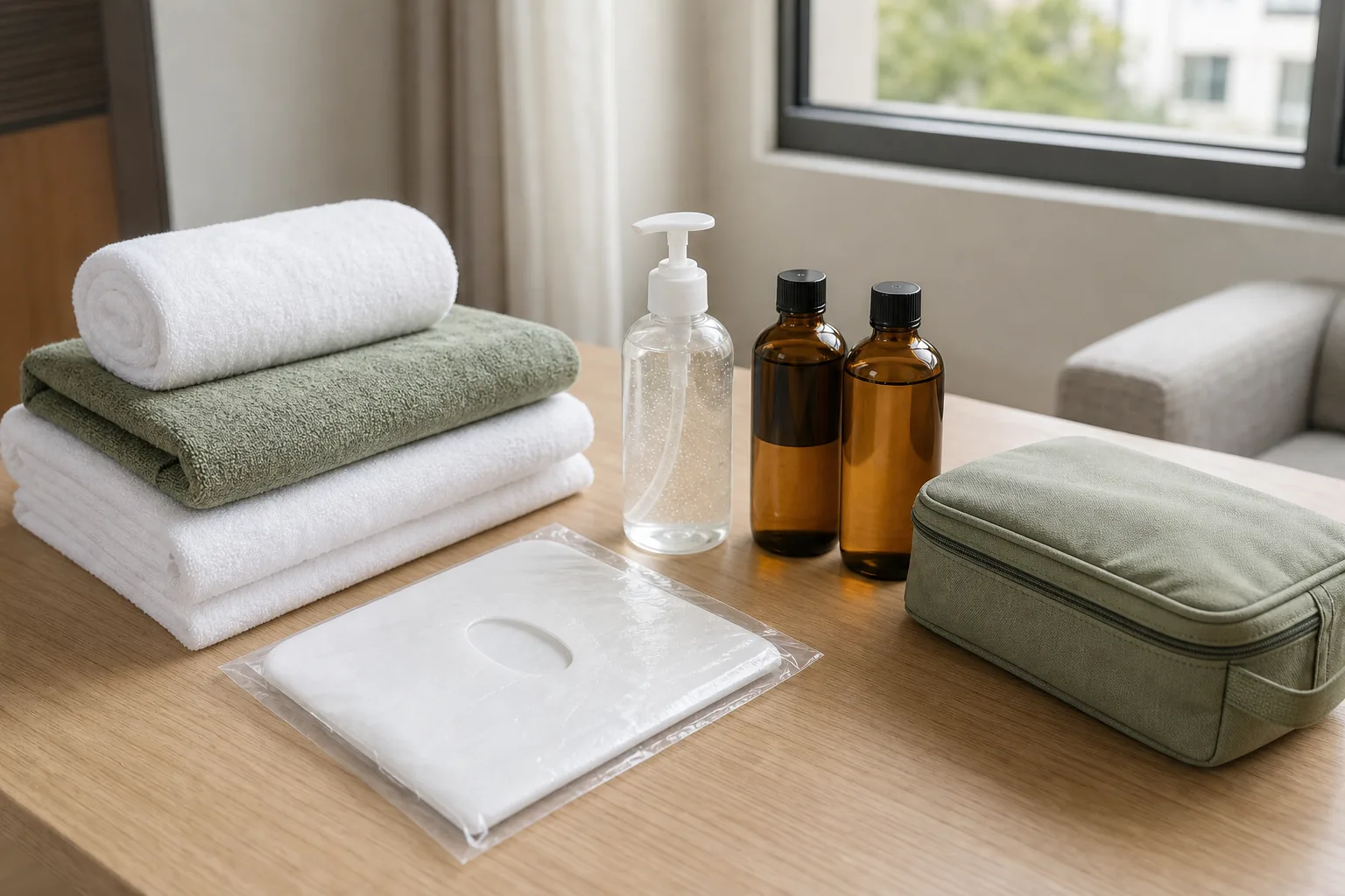 Fresh towels, sanitizer and massage oils prepared for a home massage in Hanoi