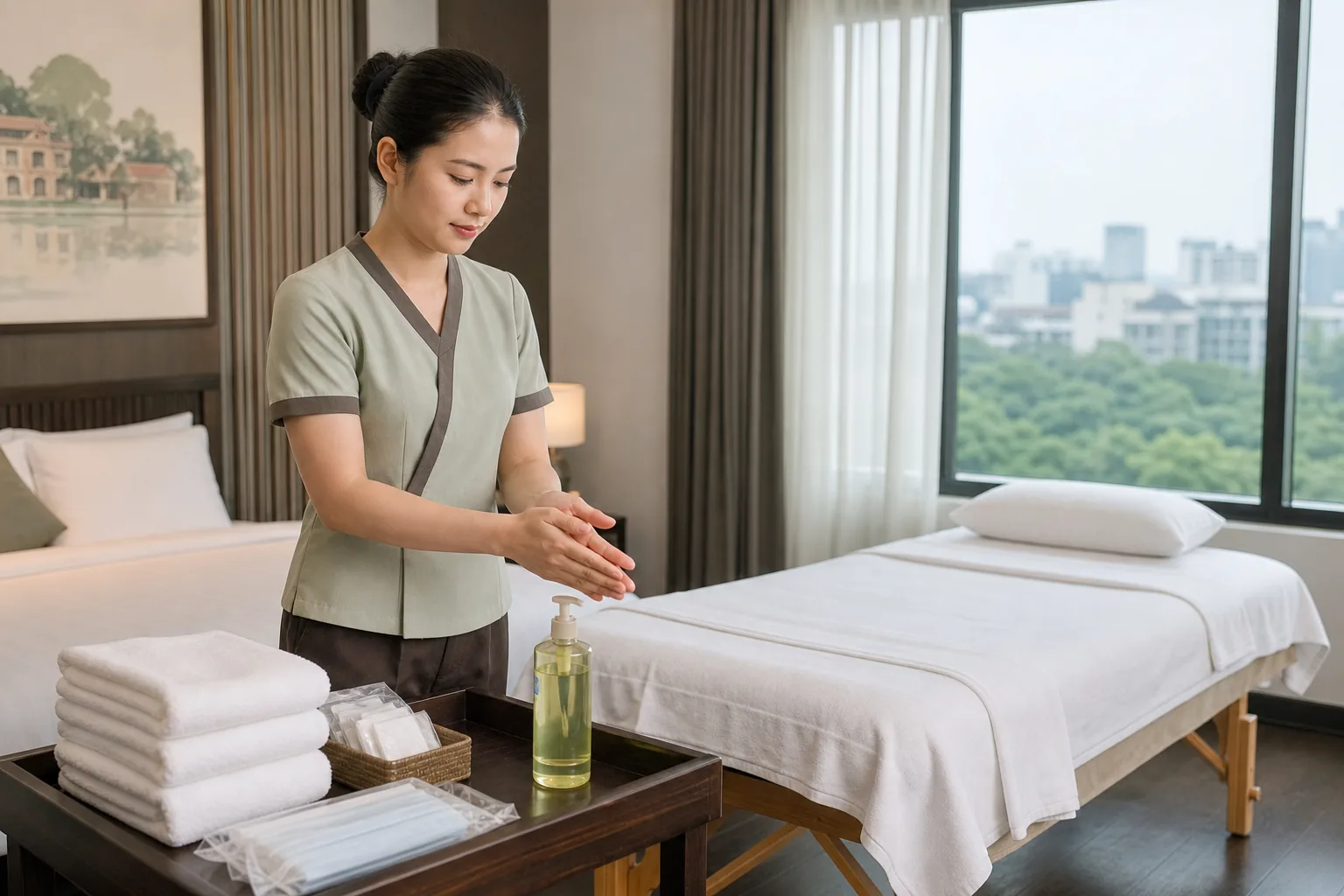 Professional hygiene preparation for a hotel massage Hanoi session