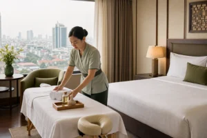 Hotel massage Hanoi therapist preparing a professional in-room session