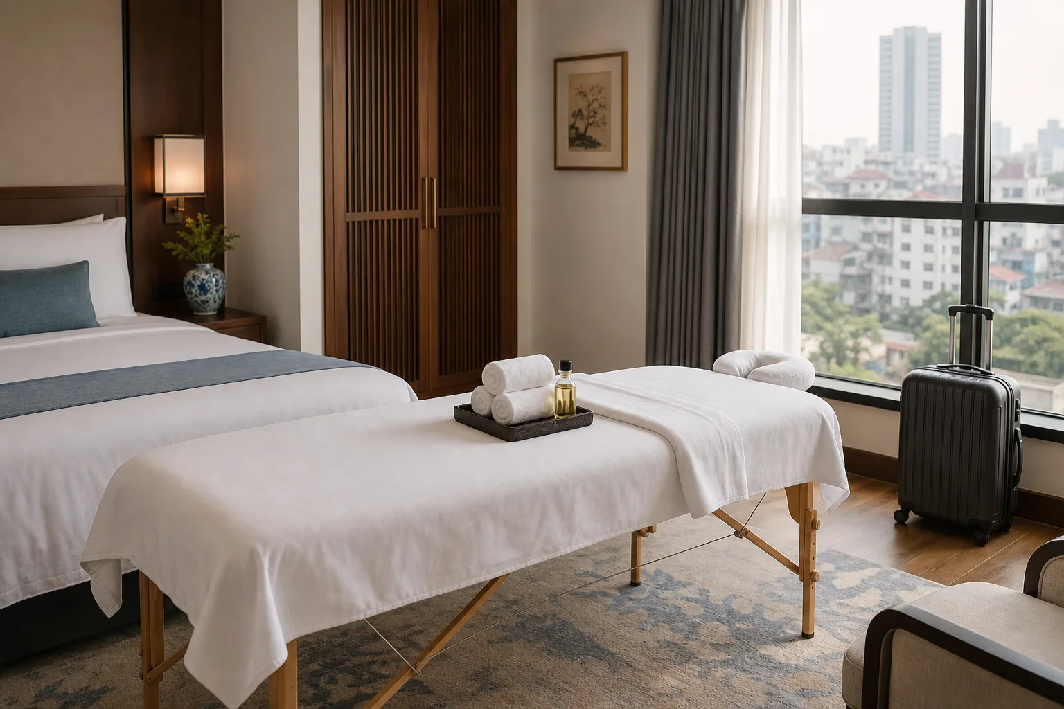 Clean Hanoi hotel room prepared for a professional in-room massage