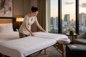 Hotel massage Ho Chi Minh City therapist preparing a professional in-room session