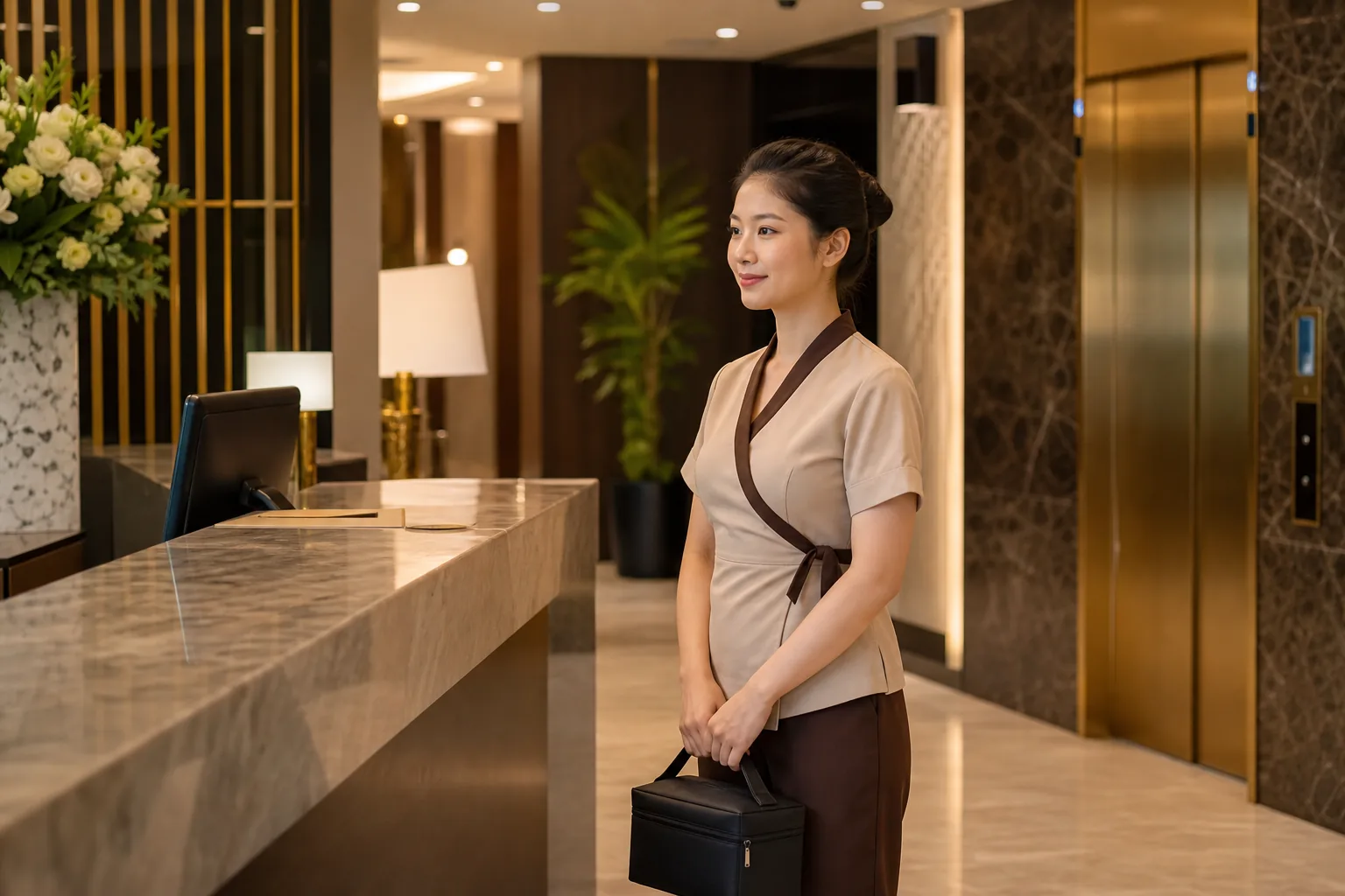 Hotel massage Ho Chi Minh City therapist checking reception access professionally