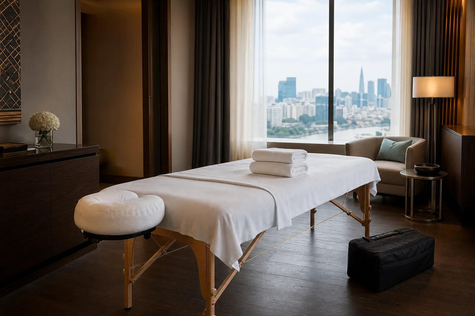 Hotel massage Ho Chi Minh City room setup with a clean portable massage table