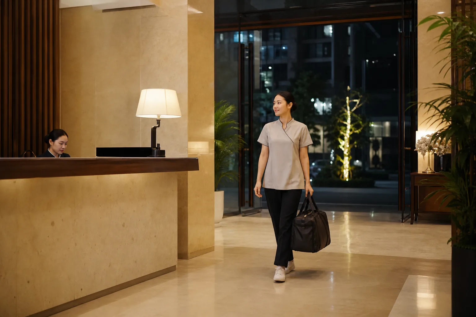 Late-night home massage Hanoi therapist arriving at a secure apartment lobby
