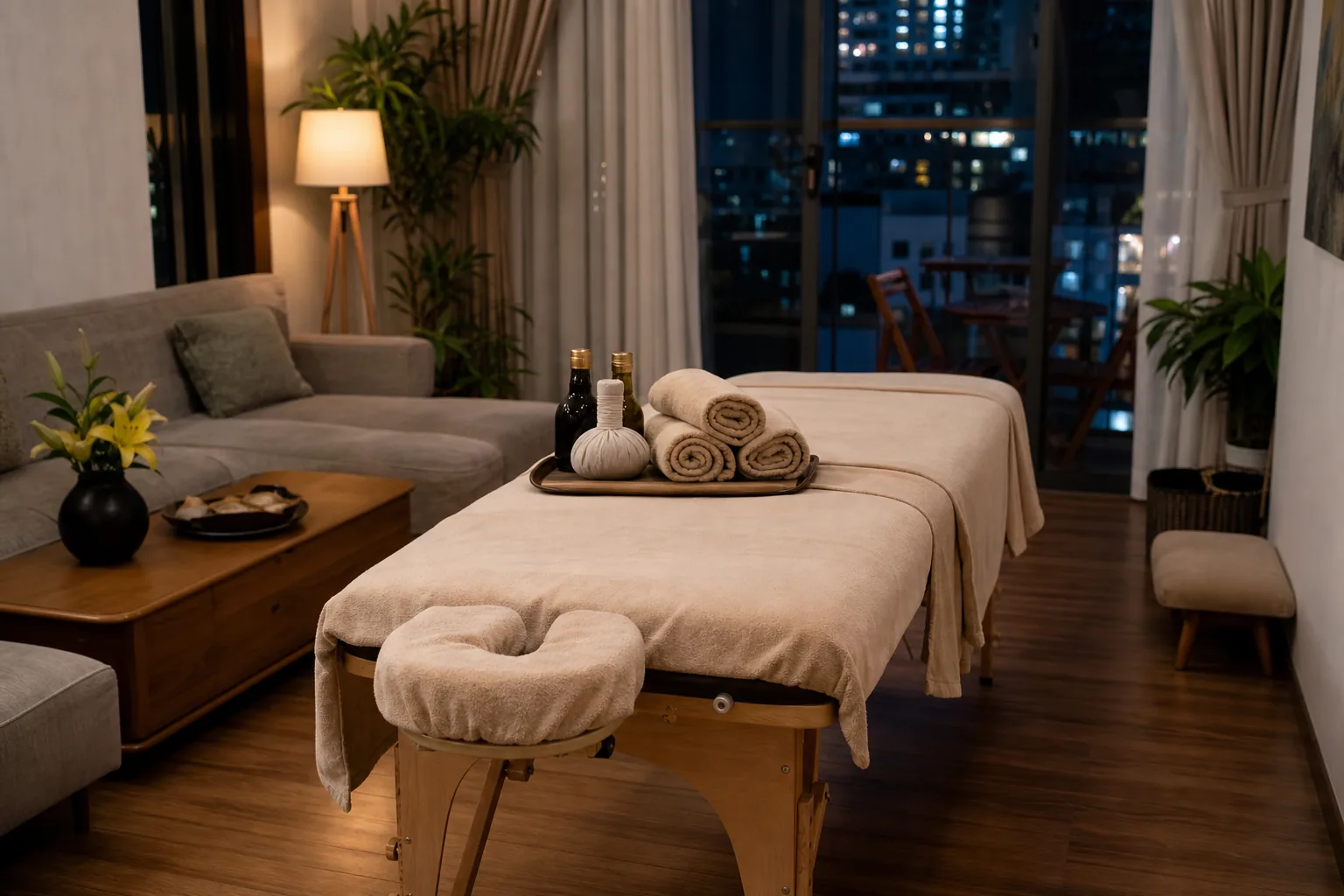 Late-night home massage Hanoi room prepared with a clean portable massage table