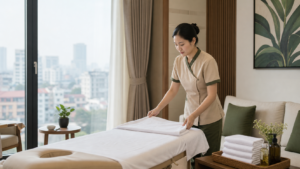 Professional therapist preparing a massage at home session in a Hanoi serviced apartment