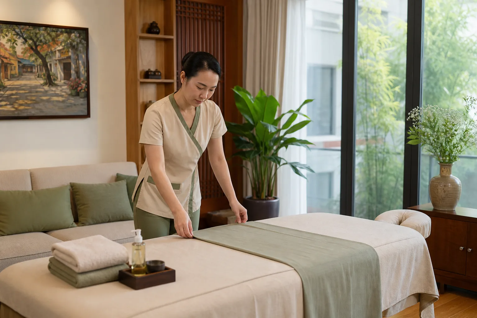 Massage at home Hanoi setup prepared by a professional therapist in a private residence