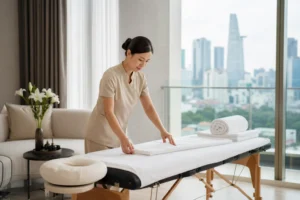 Massage at home Ho Chi Minh City therapist preparing a professional apartment session