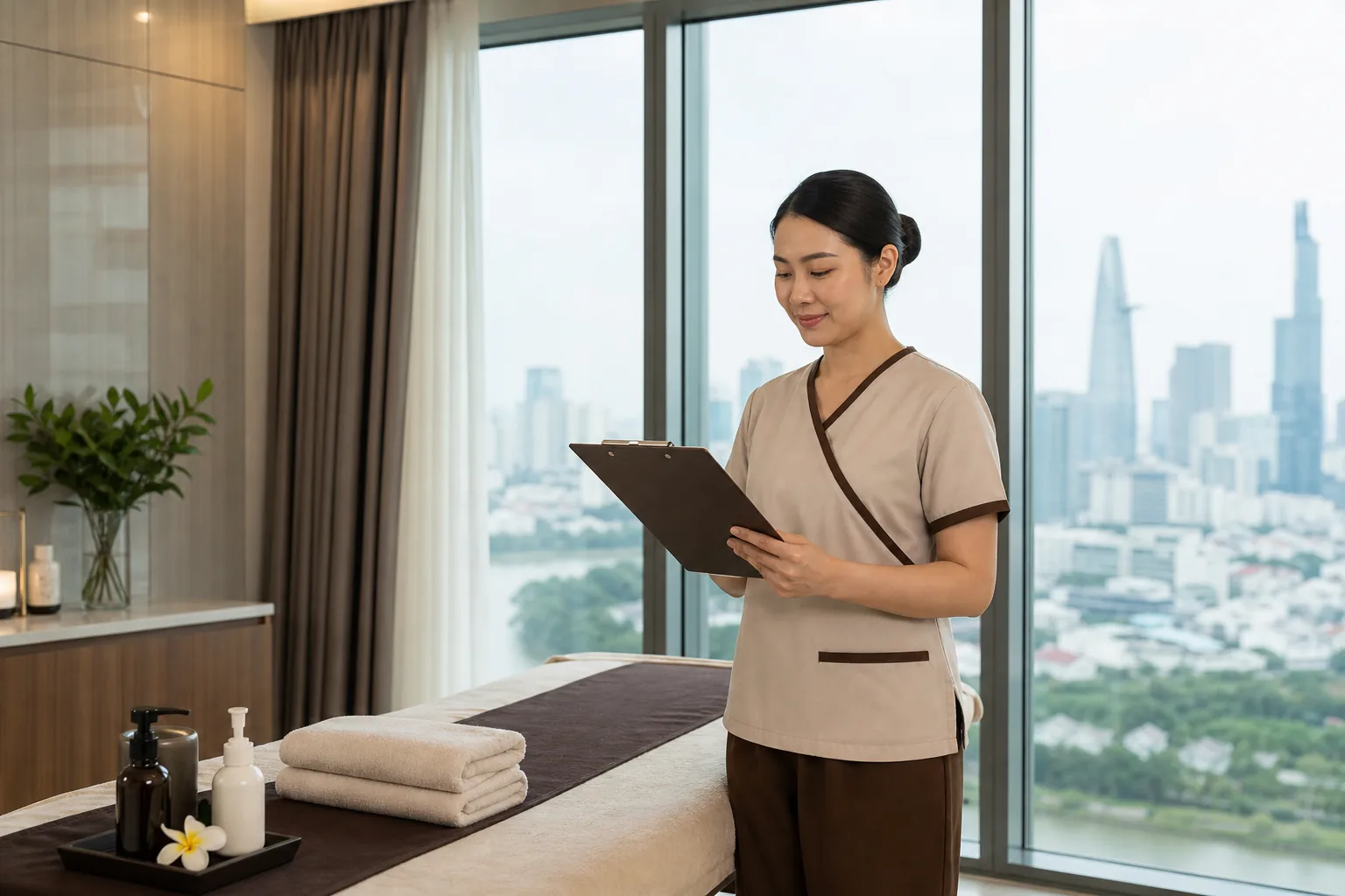 Massage at home Ho Chi Minh City therapist preparing a professional booking consultation