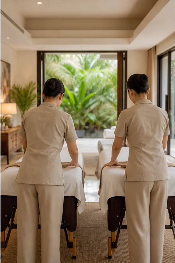 Hai kỹ thuật viên chuẩn bị không gian massage cặp đôi chuyên nghiệp