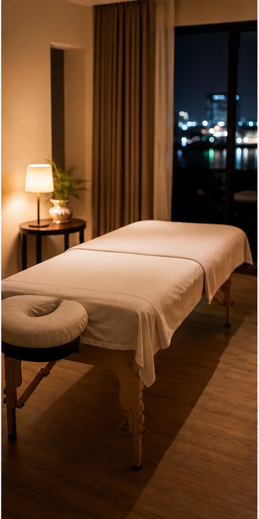 Phòng nghỉ được chuẩn bị bàn massage vào buổi tối tại Đà Nẵng