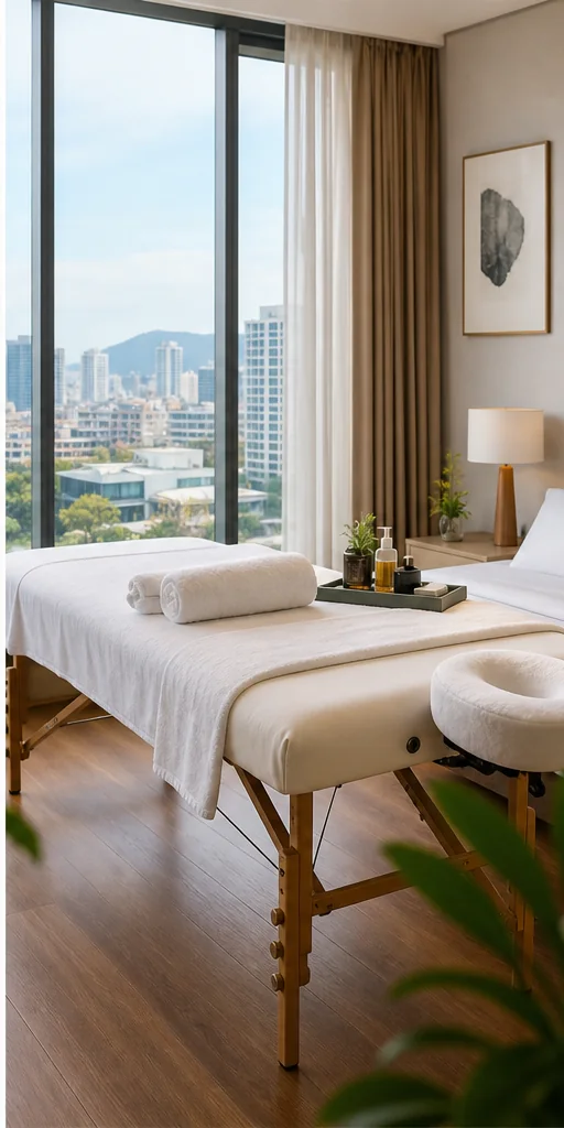 Không gian căn hộ gọn gàng được chuẩn bị bàn massage