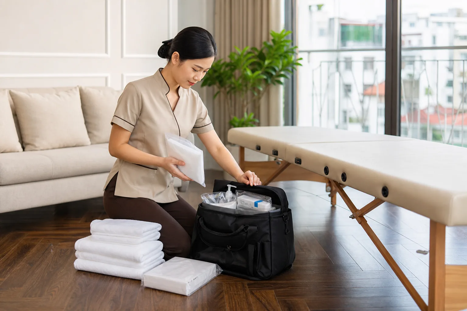 Mobile massage Hanoi therapist preparing sealed hygiene supplies and fresh towels