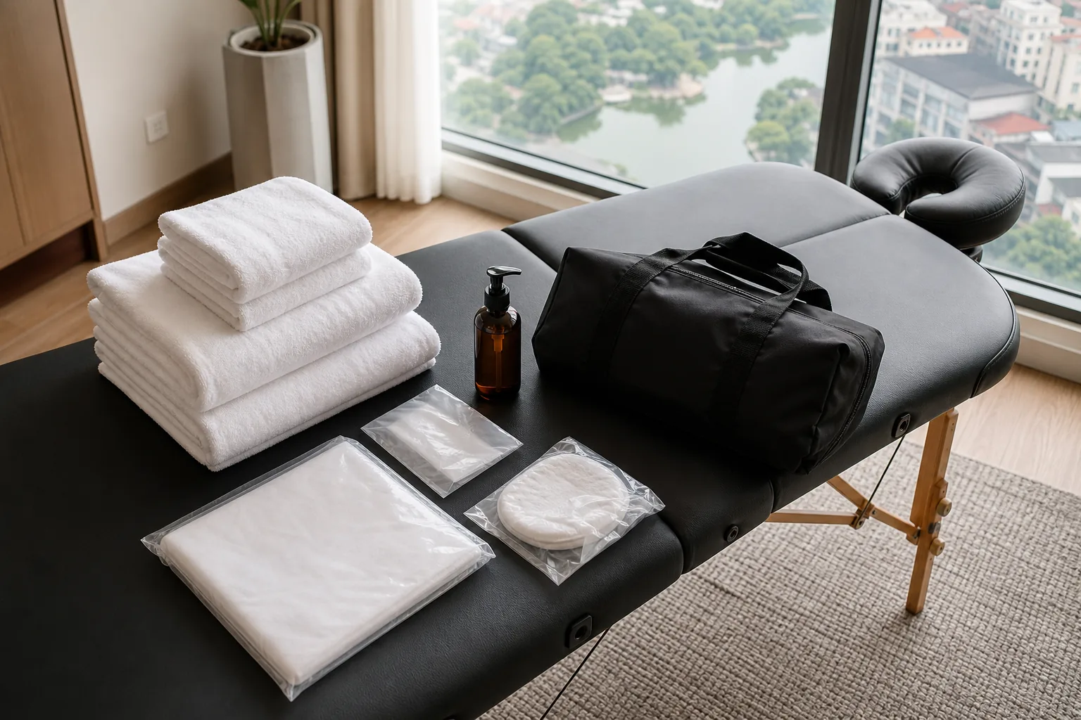 Mobile massage Hanoi professional setup with a clean portable table and towels