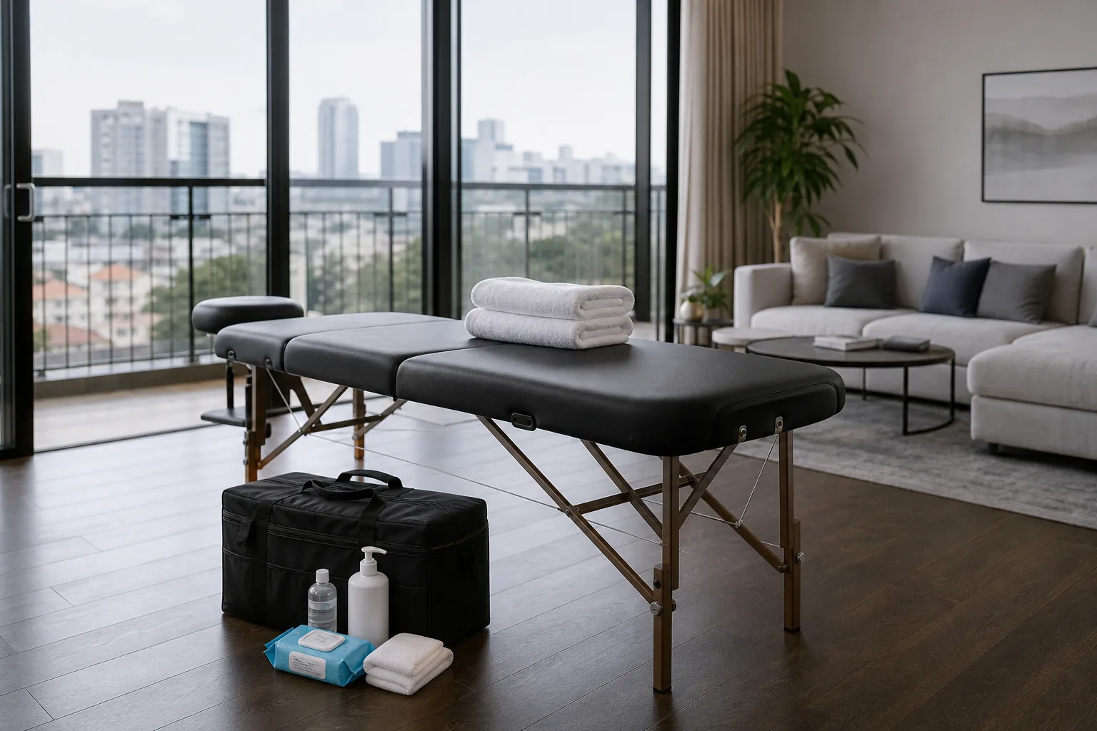 Mobile massage Saigon apartment setup with a clean portable table and fresh towels