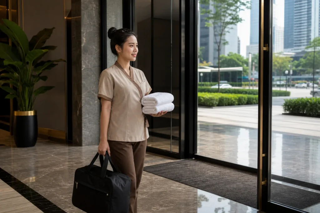 Mobile massage Saigon therapist arriving with clean professional equipment