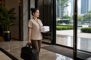 Mobile massage Saigon therapist arriving with clean professional equipment