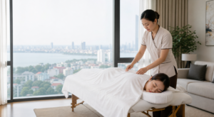 Kỹ thuật viên massage chuyên nghiệp phục vụ tại nhà trong căn hộ hiện đại ở Hà Nội