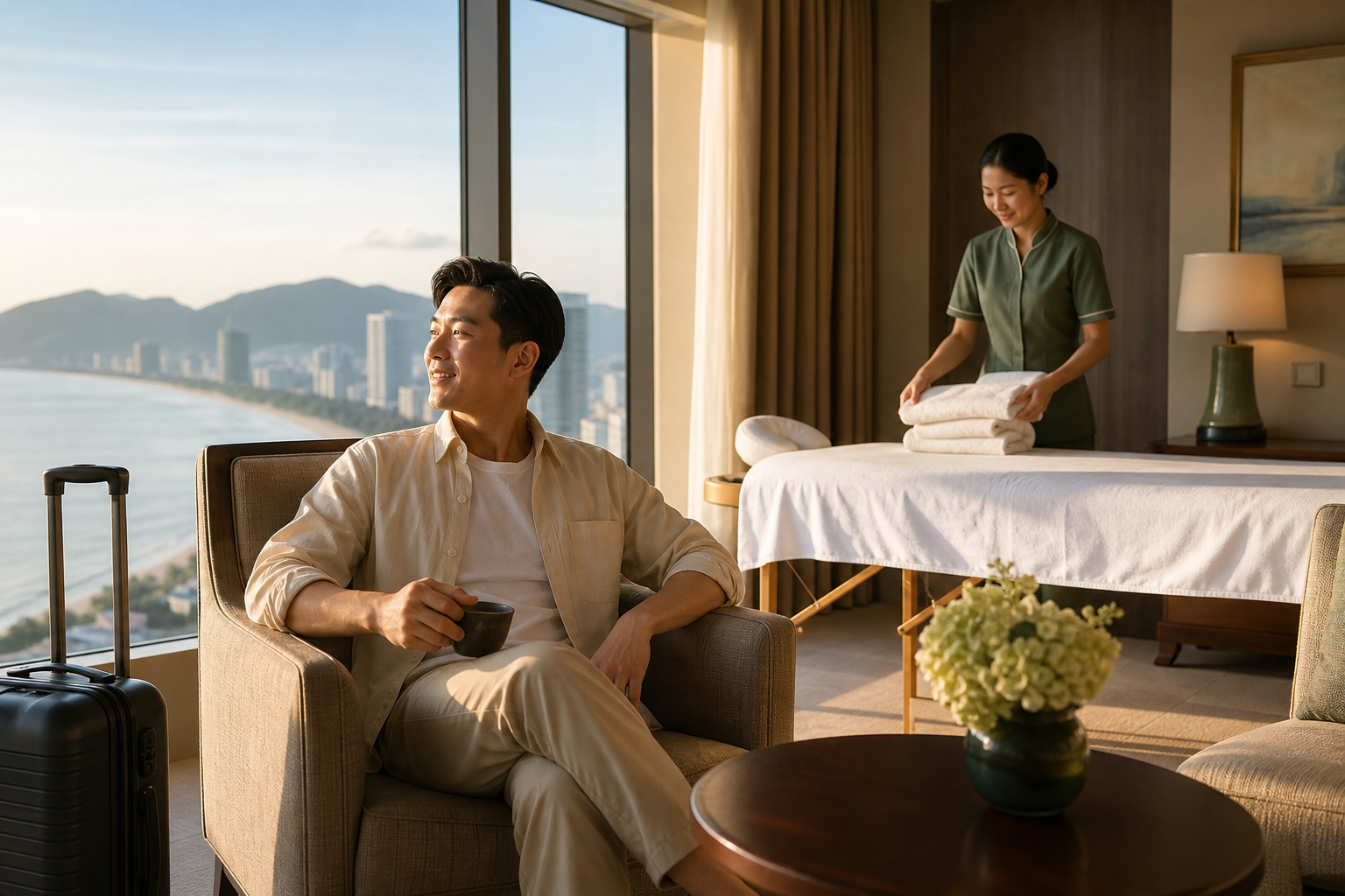 Khách du lịch thư giãn tại khách sạn khi kỹ thuật viên chuẩn bị massage tại Đà Nẵng
