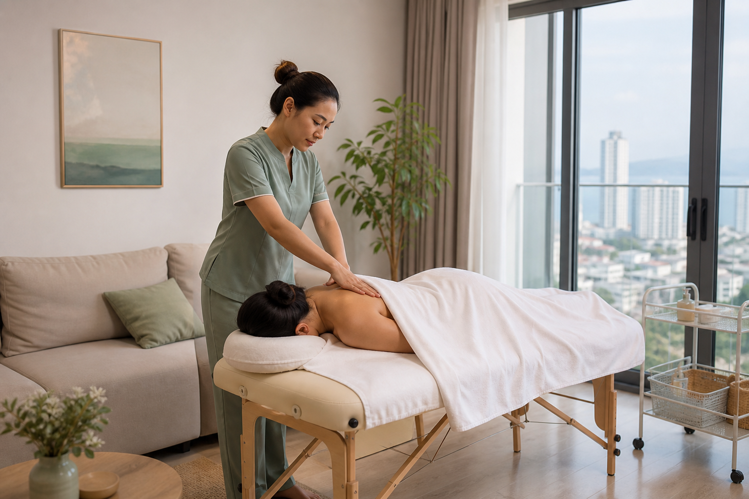 Kỹ thuật viên thực hiện massage toàn thân tại căn hộ ở Đà Nẵng