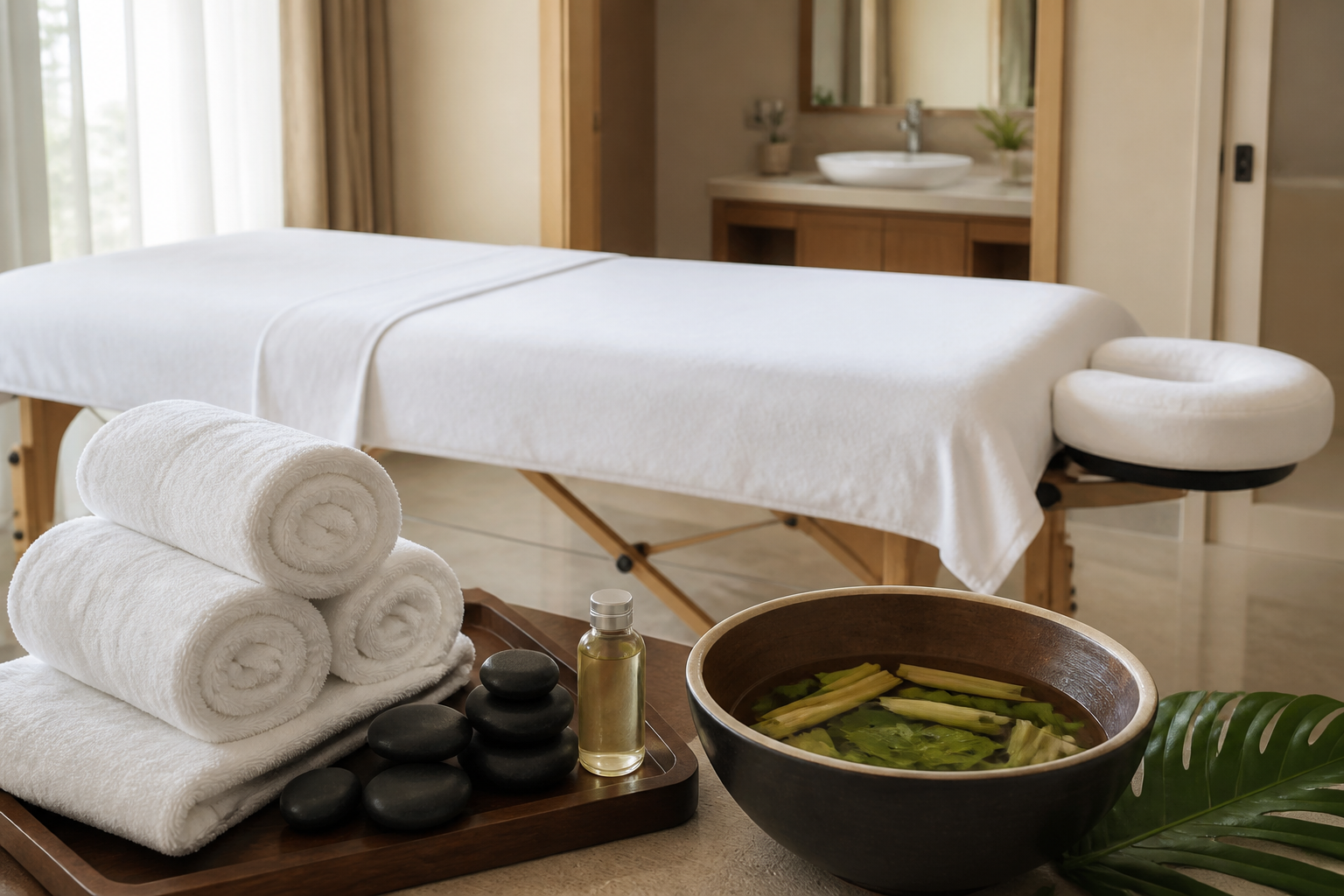 Không gian massage tại nhà sạch sẽ với khăn, đá nóng và bàn massage