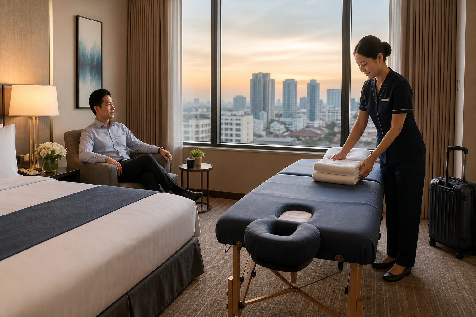 Khách công tác thư giãn khi kỹ thuật viên chuẩn bị massage tại khách sạn Hồ Chí Minh