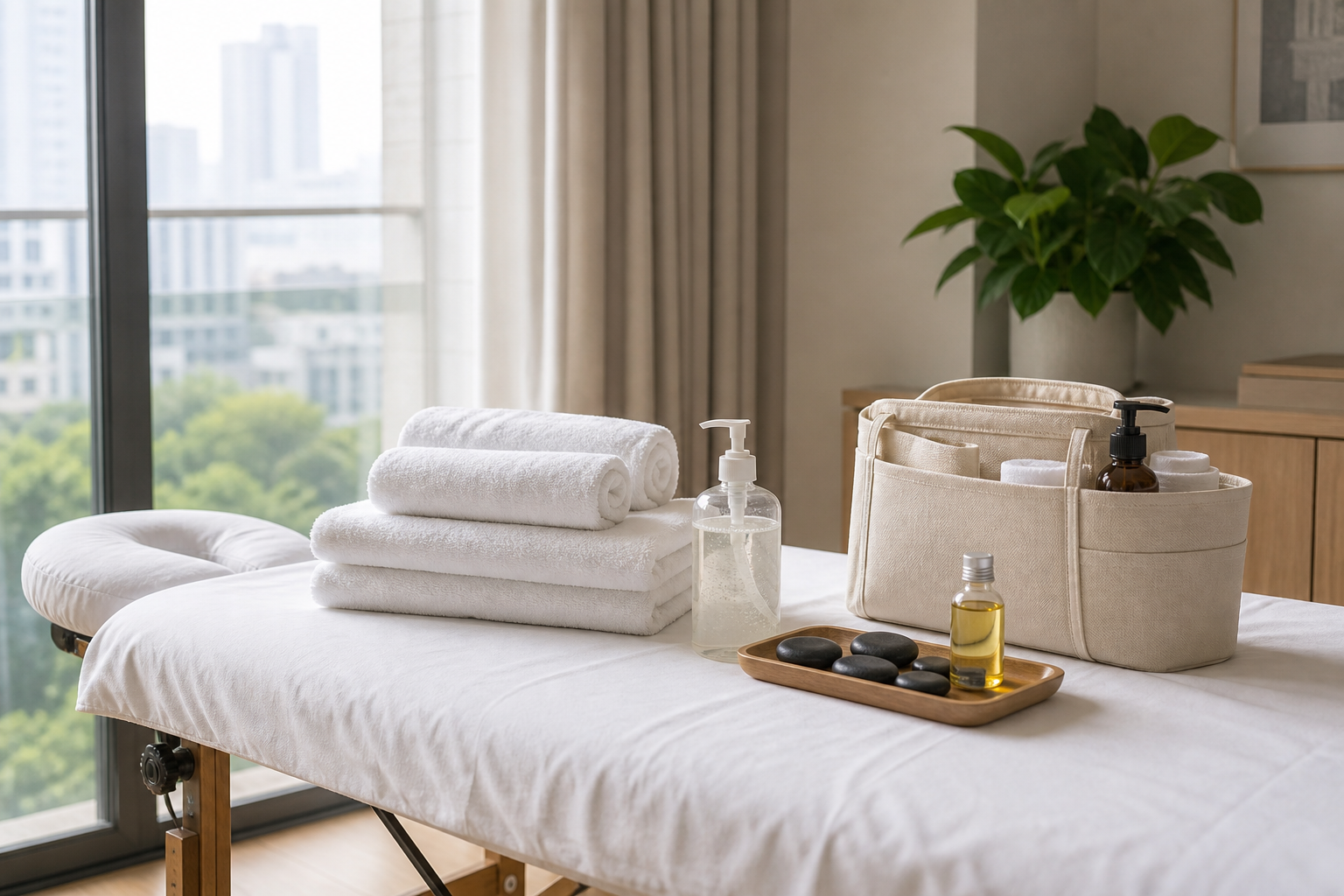 Dụng cụ và không gian vệ sinh cho dịch vụ massage tại nhà Hà Nội