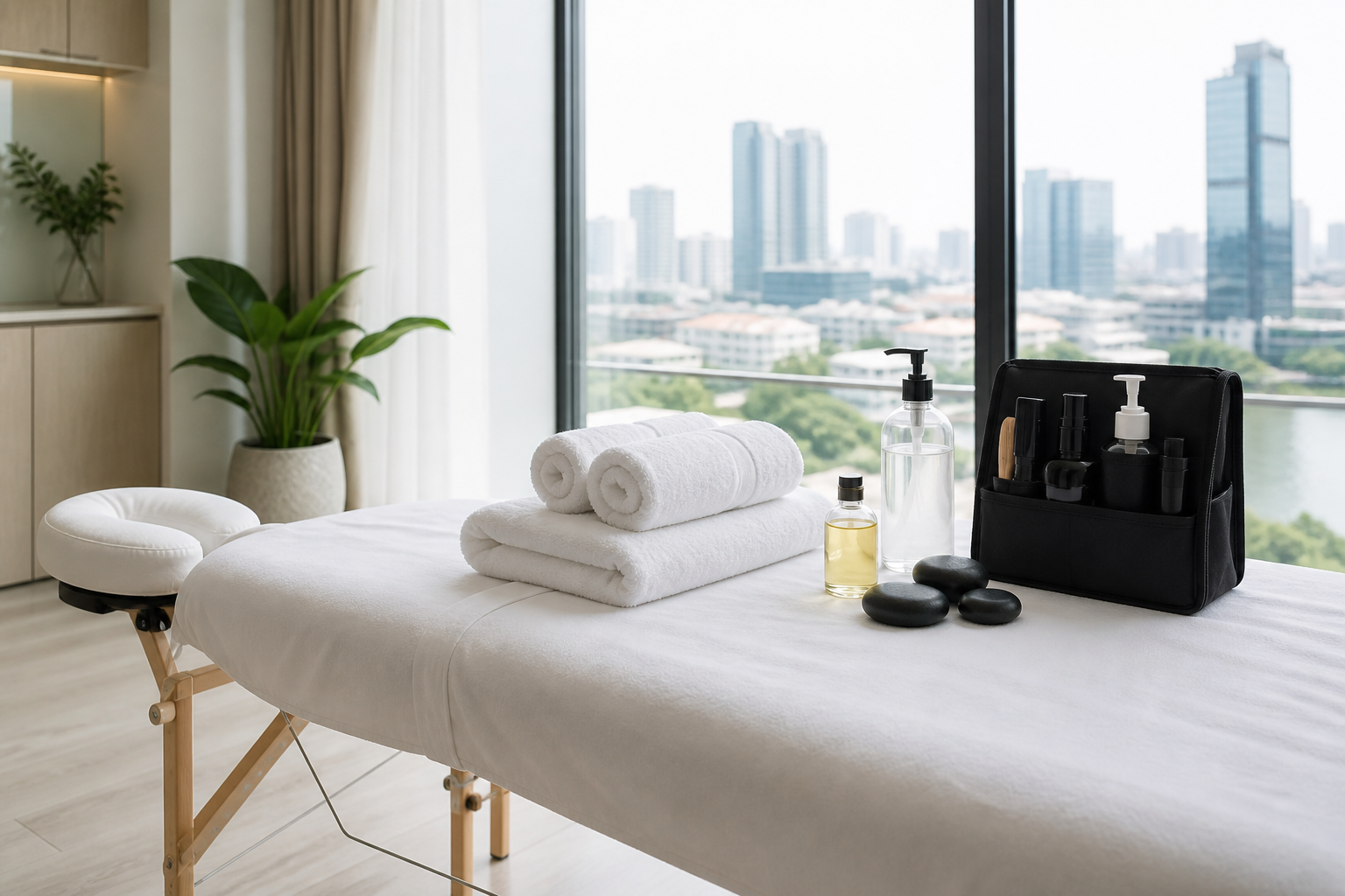 Bàn massage và dụng cụ vệ sinh cho dịch vụ massage tận nơi Hồ Chí Minh