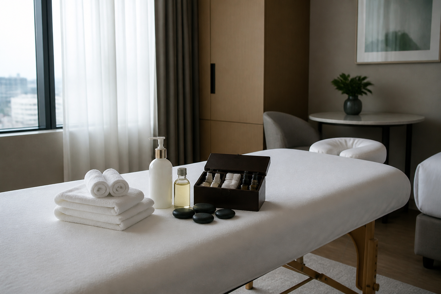Bàn massage và bộ dụng cụ sạch cho dịch vụ massage tại phòng khách sạn Hà Nội