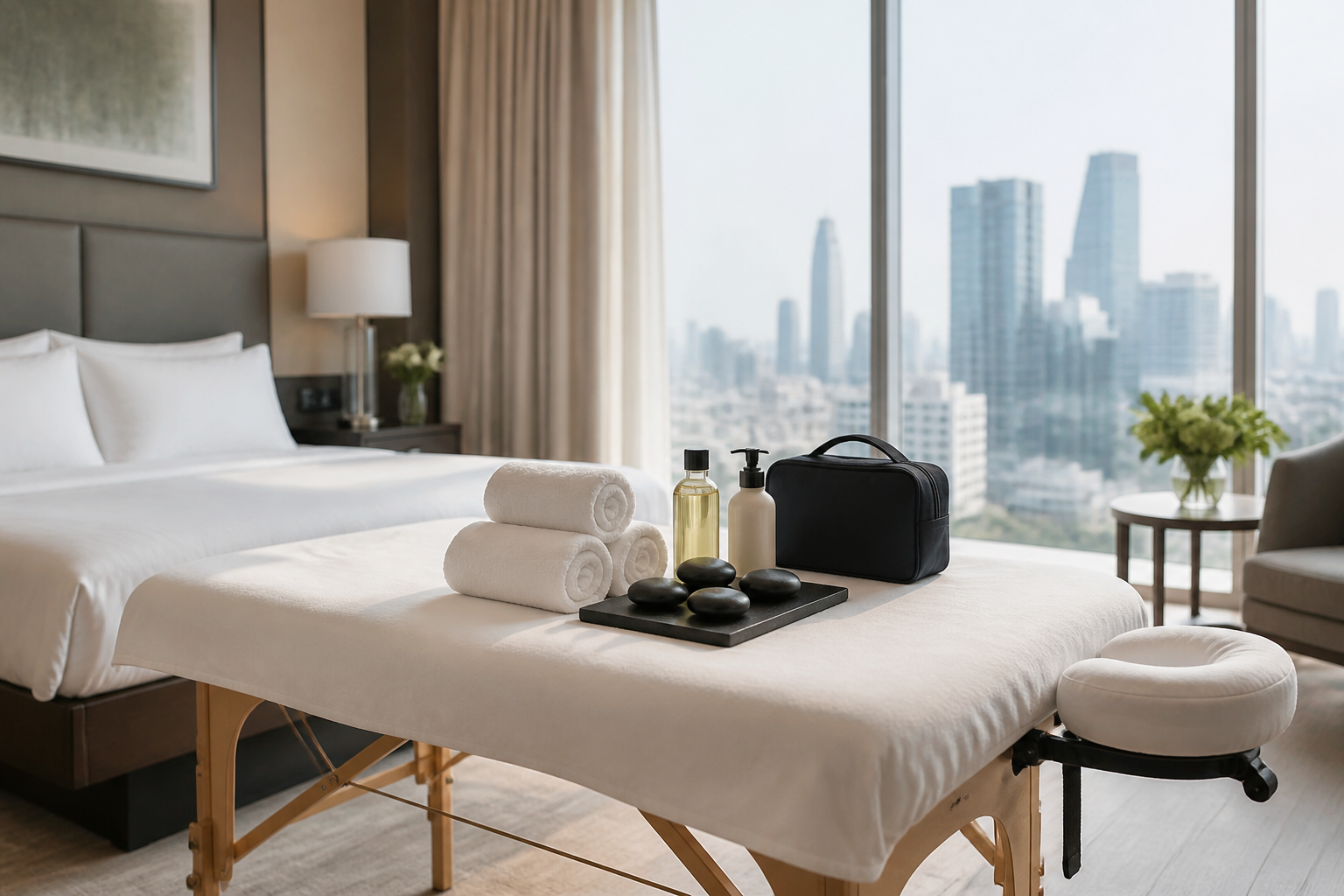 Bàn massage và bộ dụng cụ sạch cho dịch vụ massage tại phòng khách sạn Hồ Chí Minh