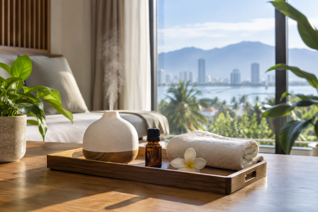aromatherapy setup in Da Nang, with clean linens and a calm apartment setting (image 1).