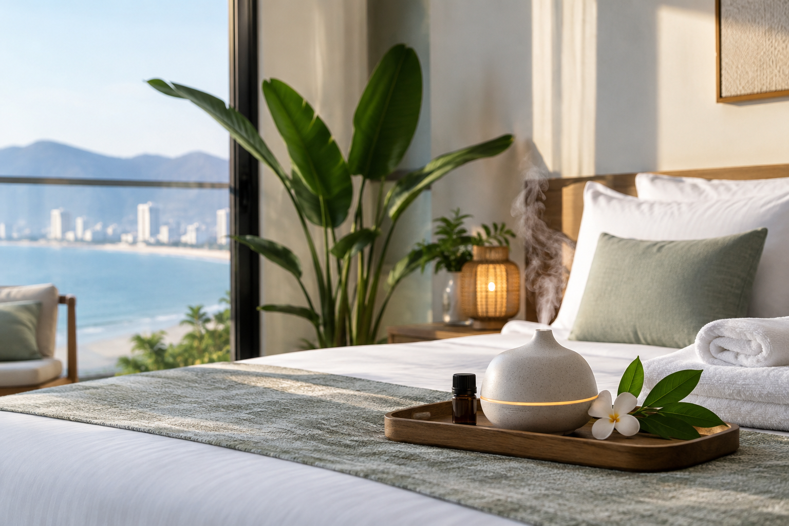 aromatherapy setup in Da Nang, with clean linens and a calm apartment setting (image 2).