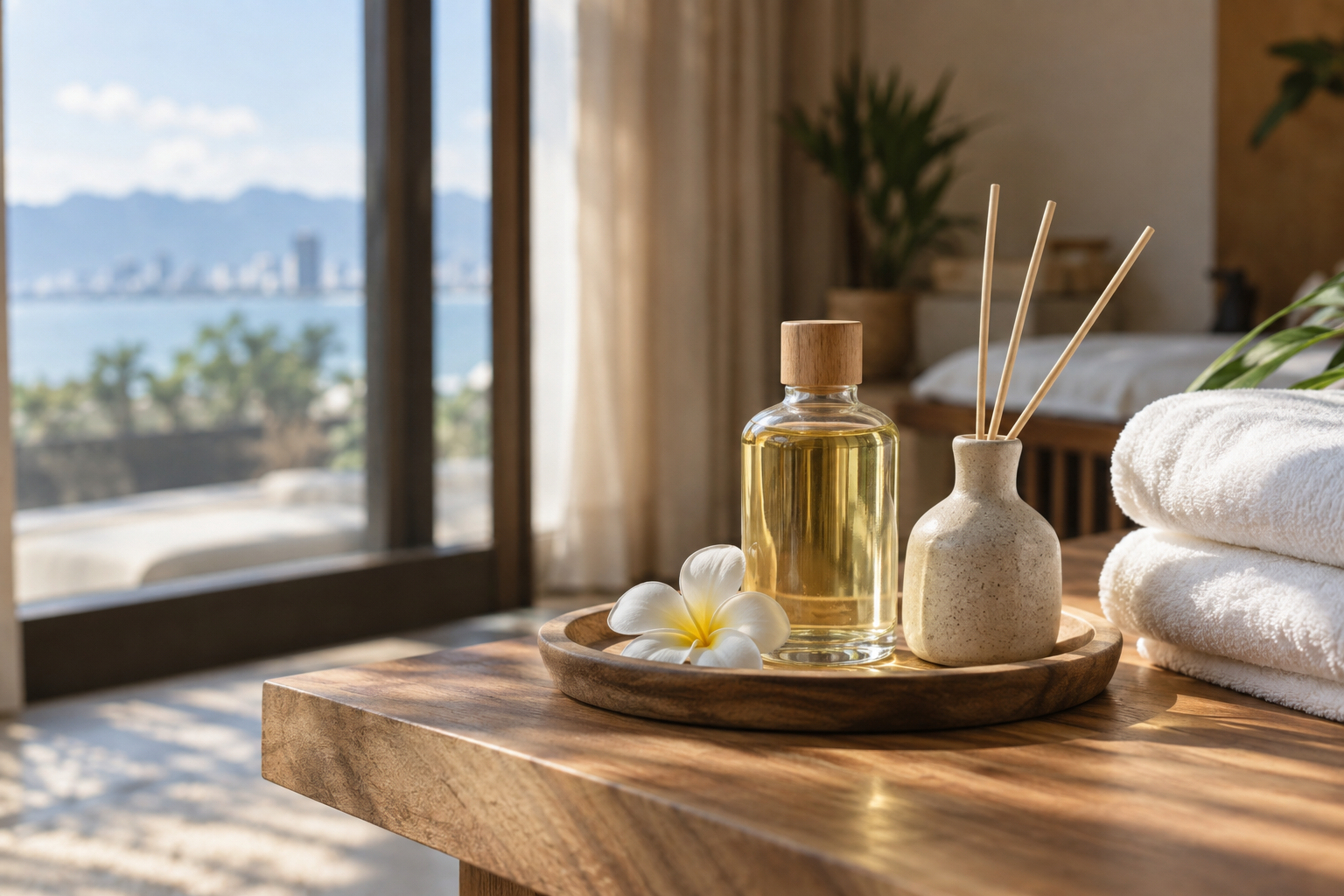 aromatherapy setup in Da Nang, with clean linens and a calm apartment setting (image 3).