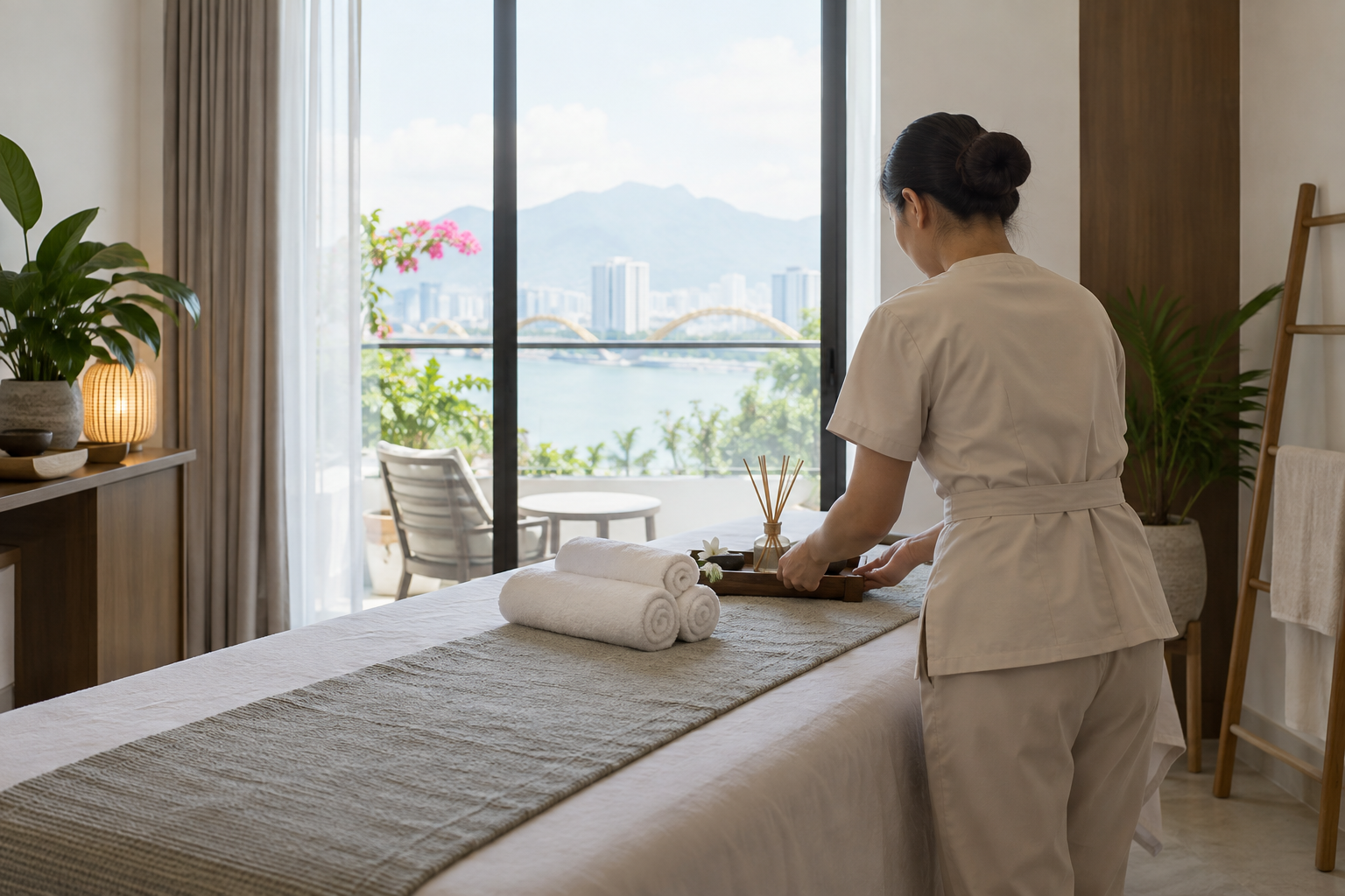 aromatherapy setup in Da Nang, with clean linens and a calm apartment setting (image 4).