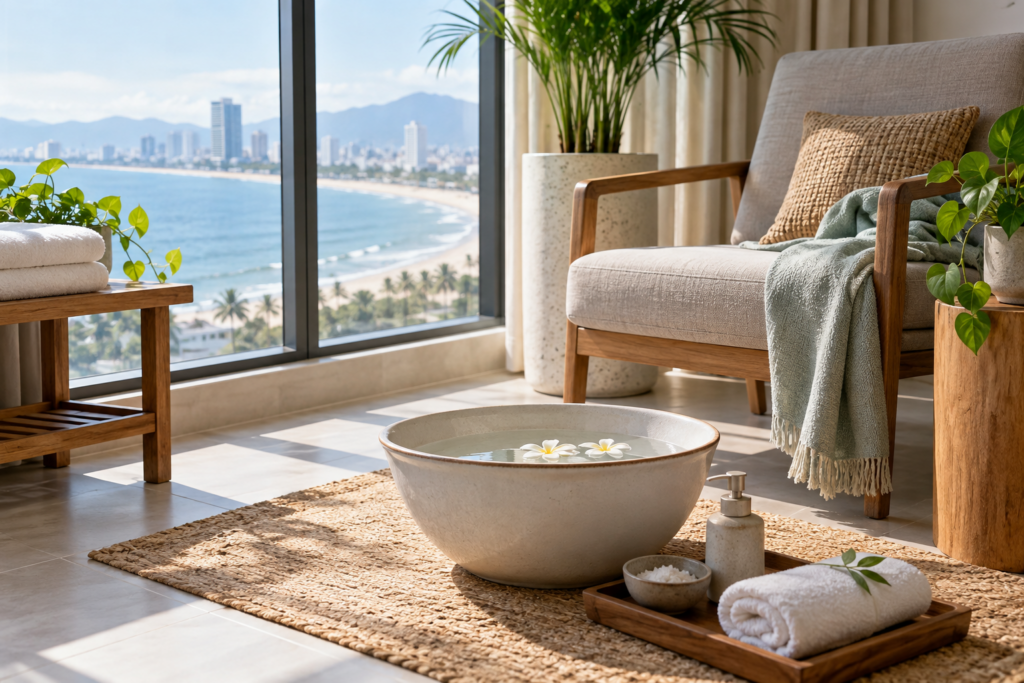 foot-care setup in Da Nang, with clean linens and a calm apartment setting (image 1).