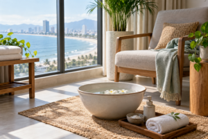 foot-care setup in Da Nang, with clean linens and a calm apartment setting (image 1).