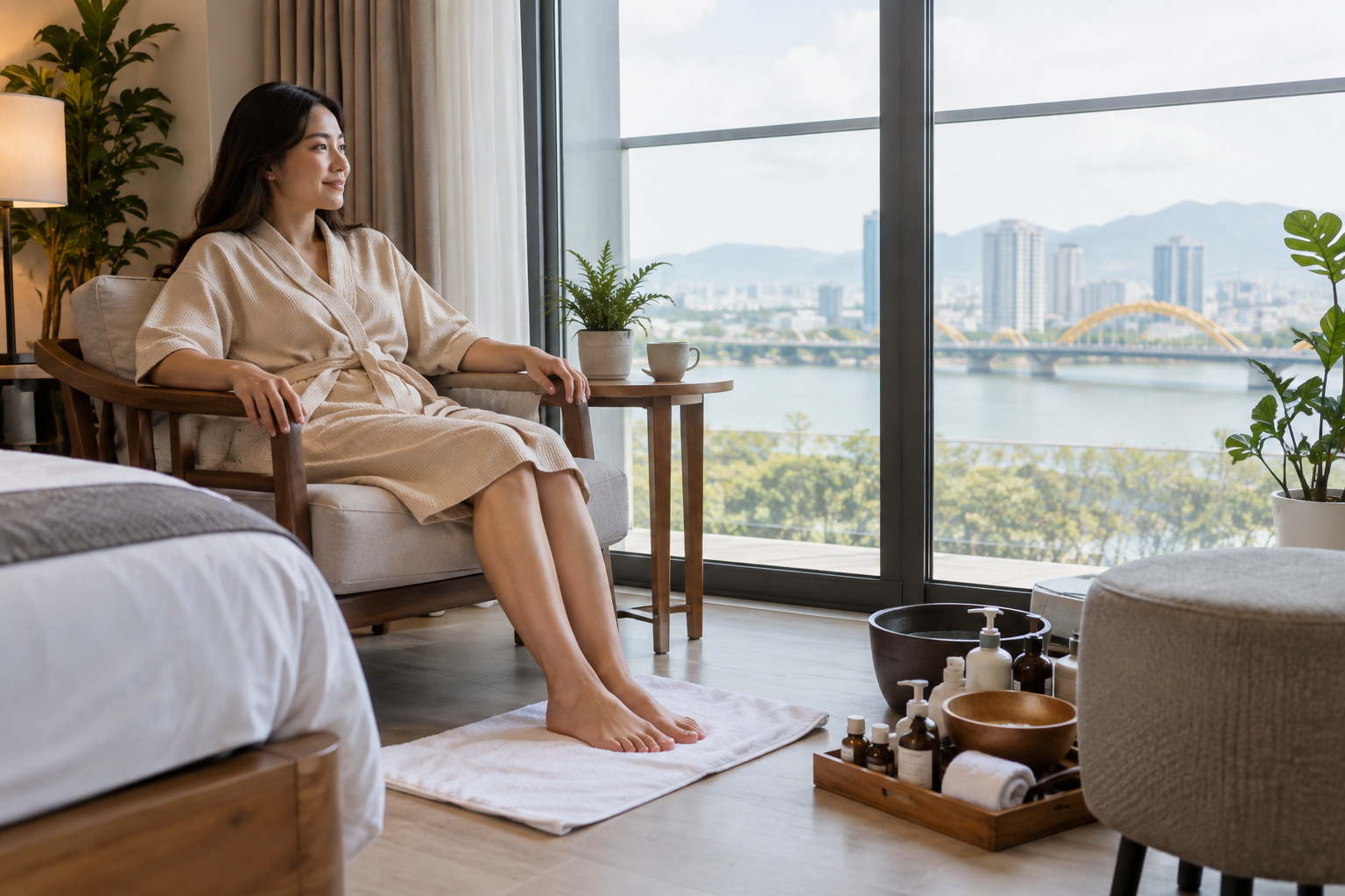 foot-care setup in Da Nang, with clean linens and a calm apartment setting (image 2).