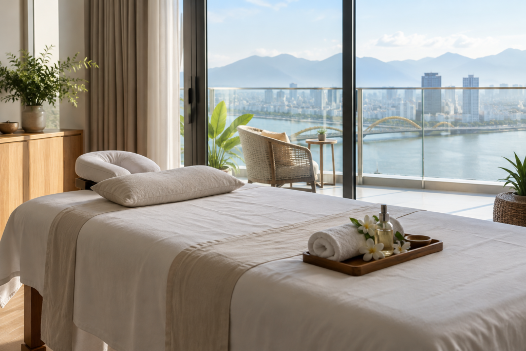 neck and shoulder wellness setup in Da Nang, with clean linens and a calm apartment setting (image 1).