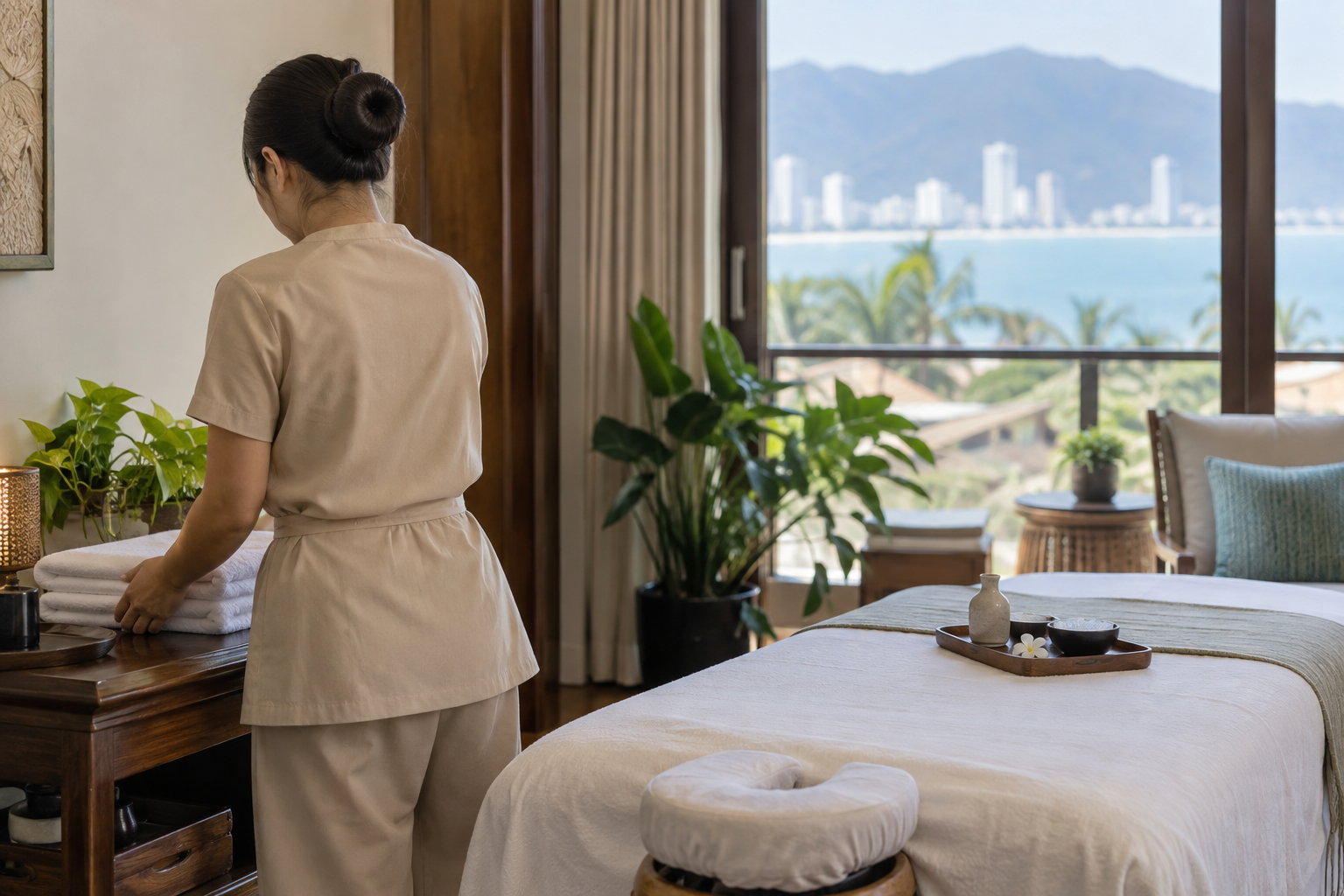 neck and shoulder wellness setup in Da Nang, with clean linens and a calm apartment setting (image 3).