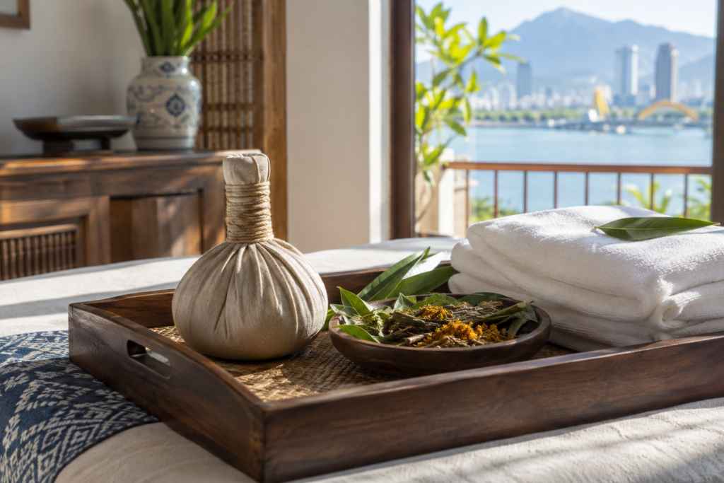 Vietnamese wellness setup in Da Nang, with clean linens and a calm apartment setting (image 1).
