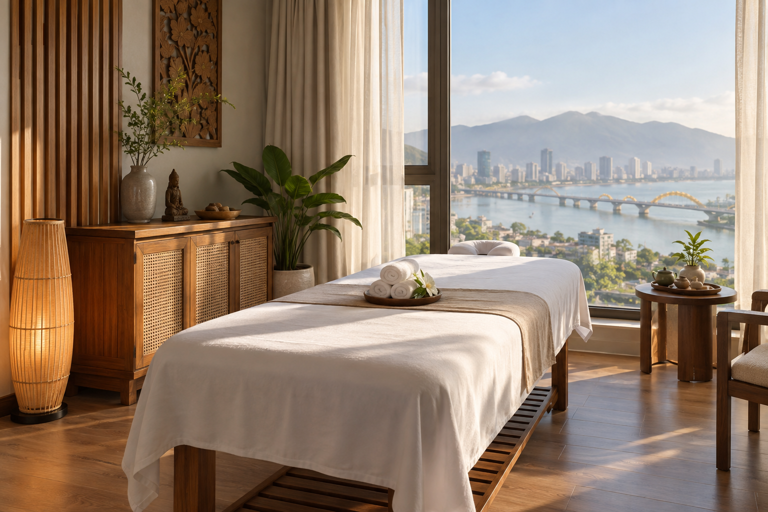 Vietnamese wellness setup in Da Nang, with clean linens and a calm apartment setting (image 2).
