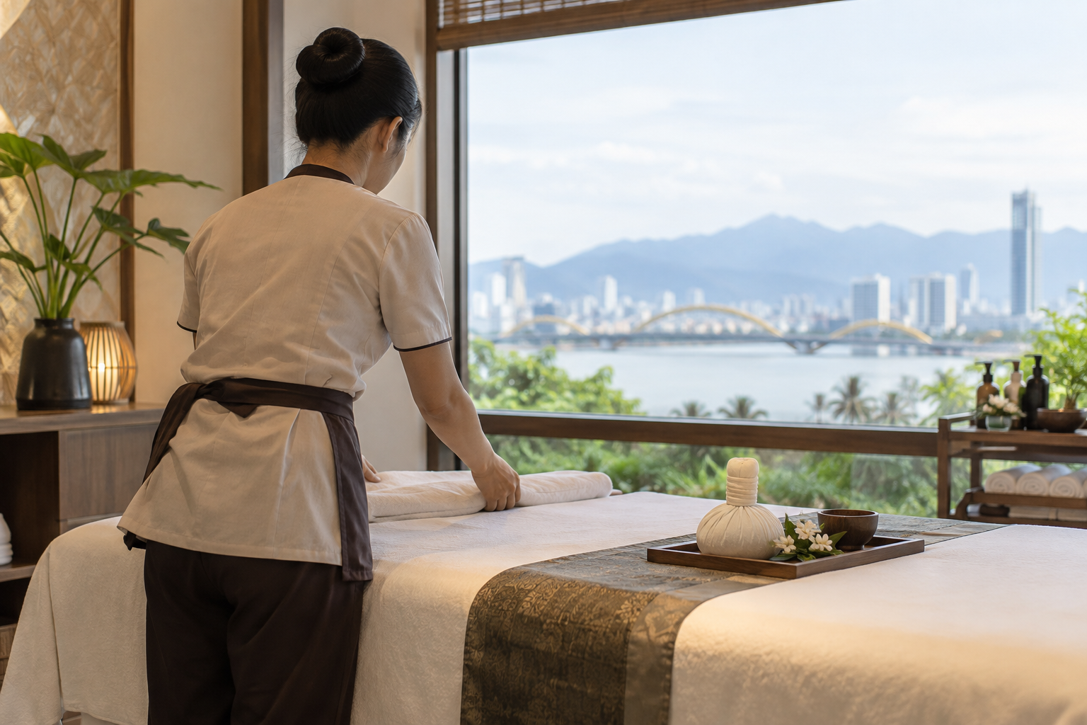 Vietnamese wellness setup in Da Nang, with clean linens and a calm apartment setting (image 4).