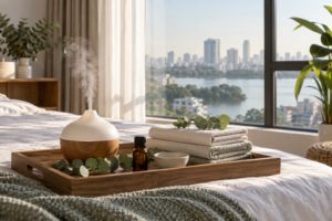 aromatherapy setup in Hanoi, with clean linens and a calm apartment setting (image 1).