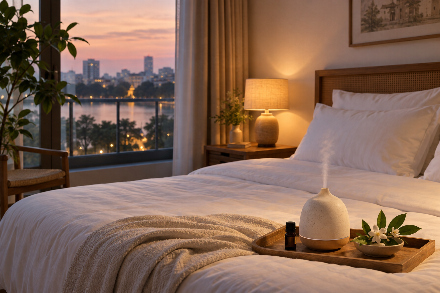 aromatherapy setup in Hanoi, with clean linens and a calm apartment setting (image 2).
