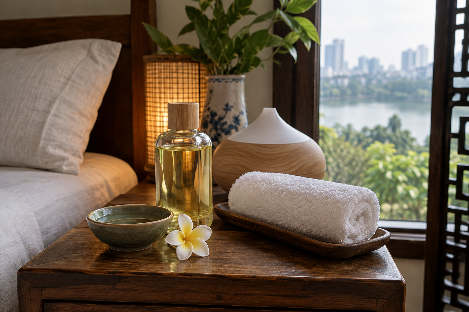 aromatherapy setup in Hanoi, with clean linens and a calm apartment setting (image 3).