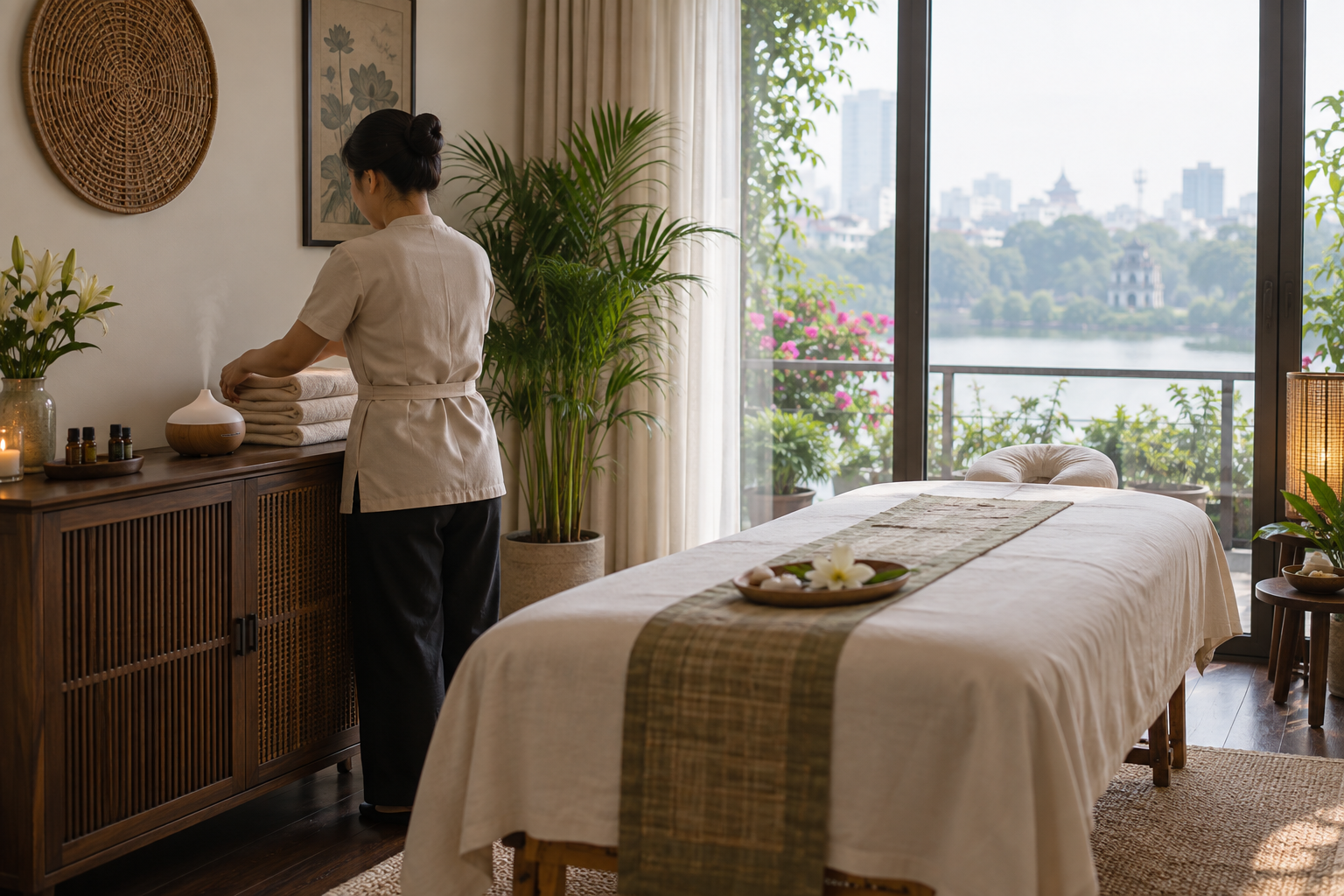 aromatherapy setup in Hanoi, with clean linens and a calm apartment setting (image 4).