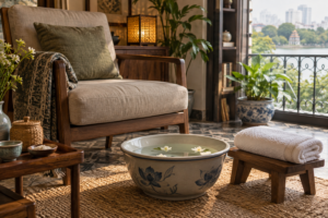 foot-care setup in Hanoi, with clean linens and a calm apartment setting (image 1).